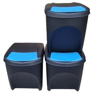Stolmet Large Stackable Recycling Bins Set of 3x25L (Brand KrysGo) - Customizable Lids with Recycling Stickers - Waste Sorting for Home, Kitchen, Office (Black + Blue)