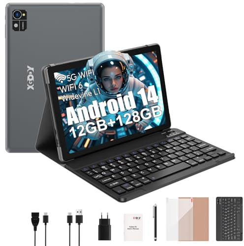 XGODY 10 Zoll Android 14 Tablet mit Tastatur 2,4G/5G WLAN 2,0 GHz | 12 GB RAM + 128 GB ROM (TF 1 TB) | FHD | 5+13 MP Kamera | 7000 mAh | Bluetooth 5.0, Tablet PC – Roségold