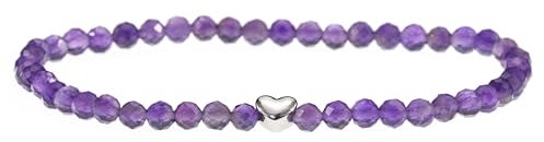 LAKADA Echtes Amethyst Edelstein Armband mit facettierten 4mm Perlen und Edelstahlherz Heilstein Schutzstein Edelsteinarmband Glücksbringer Talisman Geschenk (Amethyst, 18CM, S)