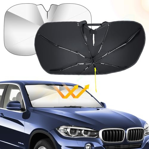 Qoosea Auto Sonnenschutz Frontscheibe, 360° Rotations Faltbarer Sonnenschirme Auto für Windschutzscheibe Regenschirm, Universal Frontscheibenabdeckung Blockiert UV - 55 * 31 Zoll