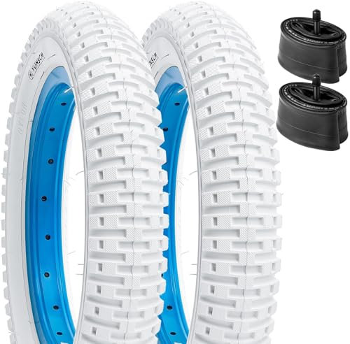 YUNSCM Y-1025 Fahrradreifen, 35,6 cm (14 x 1,95/53-254) (weiß) und 35,6 cm (14 Zoll) Hochleistungs-Fahrradschläuche, Schrader-Ventil, kompatibel mit Kinderfahrrädern 14 x 1,95, 14 x 2,0