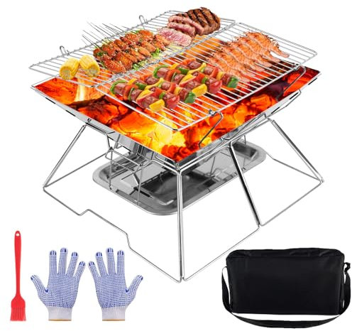 Portable BBQ for Camping,Stainless Steel Portable Fire Pit Set with Heat Resistant Gloves,Oil Brush and Carry Bag Folding Charcoal BBQ Grill Rack Fire Pits for Garden or Outdoor Camping Essentials