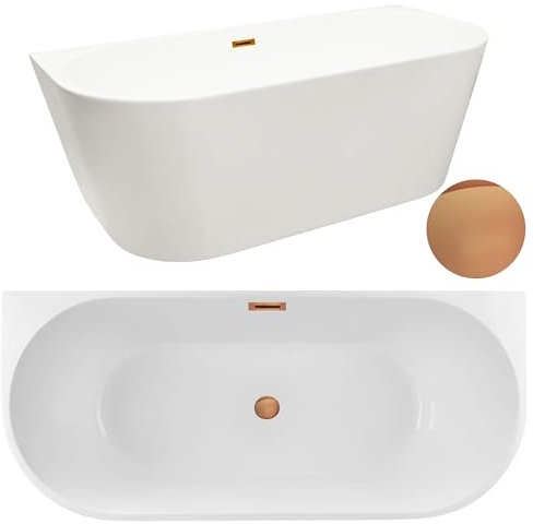 AQUAUNO Freistehende Badewanne 160x75 cm oval aus Acryl zur Wandmontage aus hochwertigem Sanitäracryl – mit Klick-Klack-Ablauf, Überlauf, Abdeckung, Stahlrahmen und Ablaufgarnitur in Kupfer