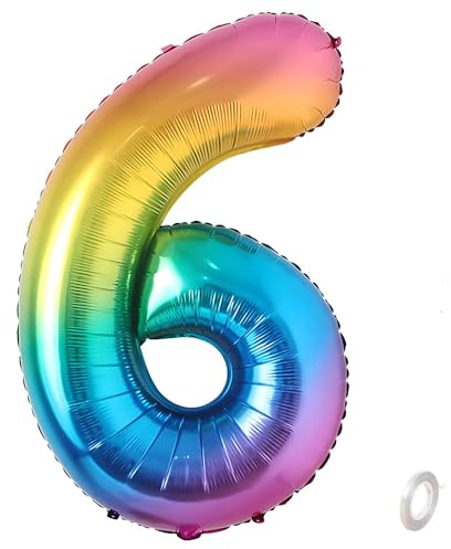 Balorise 40 Zoll Aluminium Luftballon Regenbogen Zahl 6, Helium Unterstützt, Ballon Nummer 0-9, 10-100 (101cm), große Folienballons Dekoration für Geburtstagsfeier, Hochzeit, Jubiläum