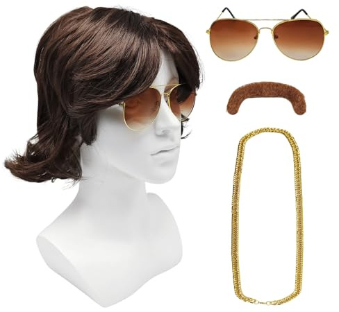 TUONYIS 4 Stücke 70er 80er Kostümperücken, Retro Kostüm Herren Perücke 80er Jahre Accessoires, Schnurrbart, Brille und Kette, Disco-Perücke, für Rocker, Hippie, Cosplay, Karneval Halloween
