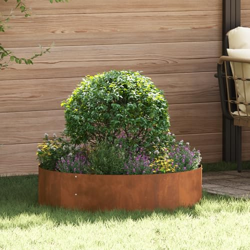 Pot de fleurs cylindrique en acier Corten marron industriel de 80 cm de diamètre pour jardin, balcon, terrasse avec design rustique et durabilité résistante aux intempéries