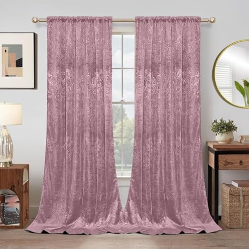 Rosnek Samt Gardinen Vorhang Kräuselband 2er Set, H274 x B132 cm Thermogardine Luxus Vorhang Blickdicht mit Muster, Übergardinen Vorhänge Verdunkelung Barock Deko für Wohnzimmer, Rosa