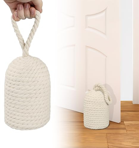 1 Piece 2.55kg Weighted Rope Knot Door Stopper with Handle, Beige | Soft Natural Cotton Exterior; Stable on Carpeted Floors; Suitable for Bookcases, Nautical Interiors and Housewarming Gifts