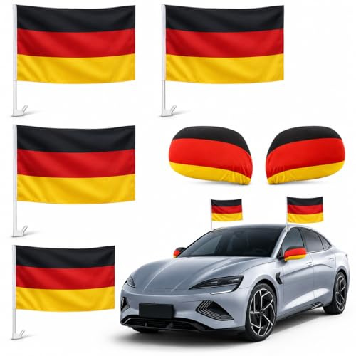 Deutschland Fanartikel & 2026 Fanartikel Set, Deutschland Flagge für Auto mit 4 Autofahnen & 2 Spiegelhüllen, Deutsche Flagge Zubehör aus Polyester, Fan-Set Fußball Dekoration