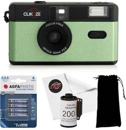 35mm Half Frame Film Camera Starter Bundle with 36 Exp Film, Carrying Case, 4 x AAA Batteries and Lens Cloth - Sage Green