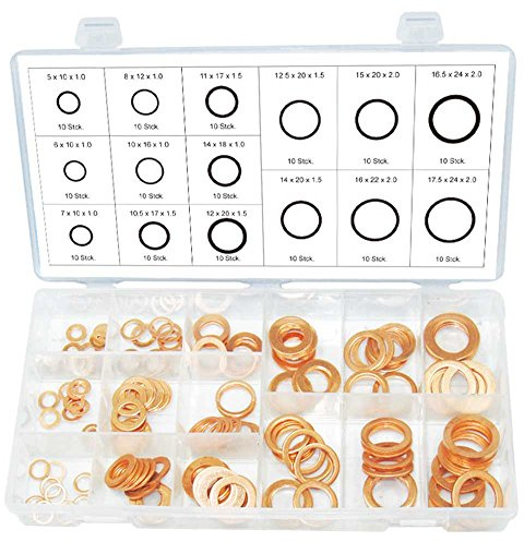 Alkan Kupfer Dichtringe 150-tlg 5-17,5 mm Unterlegscheiben Set | Kupfer-Dichtringe/Unterlegscheiben, außen Ø 10-24 mm, innen Ø 5-17,5 mm, sortiert in Aufbewahrungsbox
