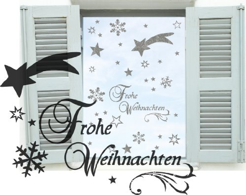 Silbener Dekobogen Weihnachtsfenster 44 Teile Sterne, Sternschnuppe, Schneeflocken, Schriftzug Frohe Weihnachten Aufkleber konturgeschnittene Fensterdekoration, Fensterbild / Fensteraufkleber, Wandtattoo Deko Sticker, Autoaufkleber, Weihnachtsdekoration 70015