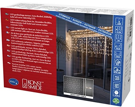 Konstsmide Maxi LED kompakt System Basis-Set: Lichtervorhang + Transformator, für max. 450 Dioden/60 m, 104 warm weiße Dioden, 24V Außentrafo (IP44 / IP67), weißes Soft-Kabel - 4730-112
