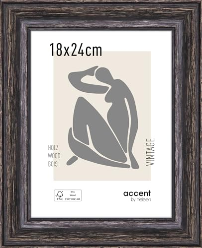 accent by nielsen Bilderrahmen, 18 x 24 cm, Holz, Schwarz, Fotorahmen zum Auftstellen und Aufhängen im Hoch- & Querformat, Echtglas, Vintage