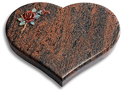 Grabplatte, Grabstein, Grabherz, Urnengrabstein Modell Coeur 40 x 30 x 7 cm Twilight Red-Granit, poliert inkl. Gravur (Bronze-Color-Ornament Rose 1)