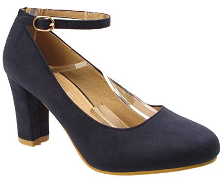 Womens Ladies Block Heel Ankle Strap Work Court Evening Dress Girls Shoes Pumps UK Size 3-8 (4 UK, Navy Faux Suede)