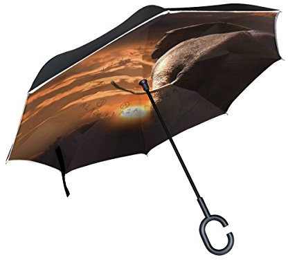 Mnsruu Doppelschichtiger umgekehrter Regenschirm, Elefanten im Sonnenuntergang, faltbarer Regenschirm, winddicht, UV-Schutz, kopfüber für Autoregen, mit C-förmigem Griff