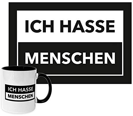 Close Up Ich Hasse Menschen 2er Set - lustige Fußmatte & Tasse - schwarz/weiß
