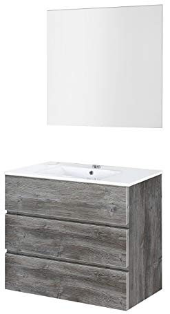 Baikal | Conjunto Completo de Mueble de Baño Suspendido a la Pared con Lavabo Cerámico y Espejo | Tres Cajones, Cierre Amortiguado, Melamina 16mm | Mueble MONTADO | Vintage | 80cm