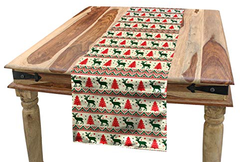 ABAKUHAUS nordisch Tischläufer, Pixel Art Weihnachten, Esszimmer Küche Rechteckiger Dekorativer Tischläufer, 40 x 180 cm, Smaragdgrün Scharlachrot Beige