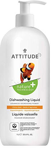 ATTITUDE Washing Up Liquid, EWG Verified, Plant-Based & Vegan Dish Soap, Naturally Derived, Citrus Zest Scent, 1 Liter