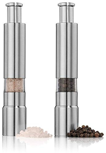2er Set Salz und Pfeffer Mühle Edelstahl Push Button Grinder Daumenmühle, für schwarzen Pfeffer, Meersalz und Himalaya-Salz