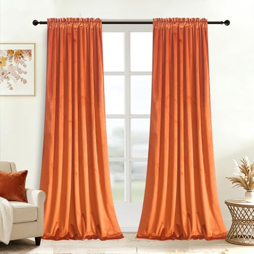 Roslynwood Velvet Red Orange Curtains for Living Room - Soft Luxury Thermal Insulated Rod Pocket Curtains, Set of 2 Panels, W52 x L96