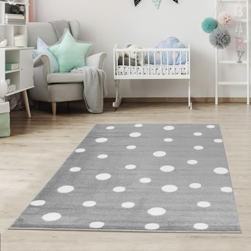 Jimri Kinderteppich DOTS l Pünktchen Gepunktet l Öko-Tex Siegel | Farbe: Beige Blau Rosa | Kinderzimmer/Jugendzimmer (Grau, Ø 120 cm Rund)