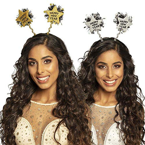 Boland 13468 - Tiara Happy New Year, 1 Stück, Einheitsgröße, 2 Farben sortiert: Gold, Silber, keine Auswahl möglich, Haarreif mit Sternen und Lametta, Kopfschmuck zum Jahreswechsel, Silvester, Neujahr