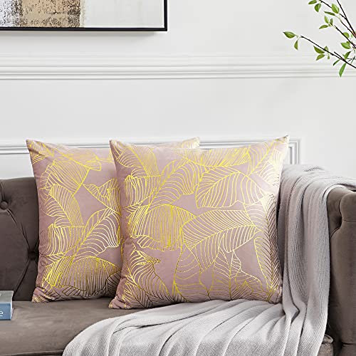 OMMATO Kissenbezug 40x40 cm Samt Gold Blätter Kissenbezüge Dekorative Kissenhülle Dekokissen für Sofa Schlafzimmer Wohnzimmer Erröten Rosa 2er Set