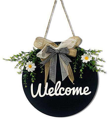 Ewolee Welcome Sign, Rustic Wooden Front Door Wreath with Bow, 12 Inch Porch Décor Vertical Sign for Home Decoration