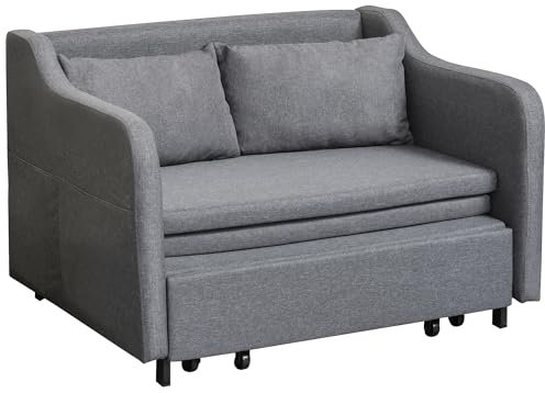 HOMCOM 2 Seater Sofa Bed, Modern Fabric Pull Out Futon Sleeper Couch with 2 Pillows, Side Pockets, Convertible Bed Settee for Living Room, Guest Room, Office, Grey