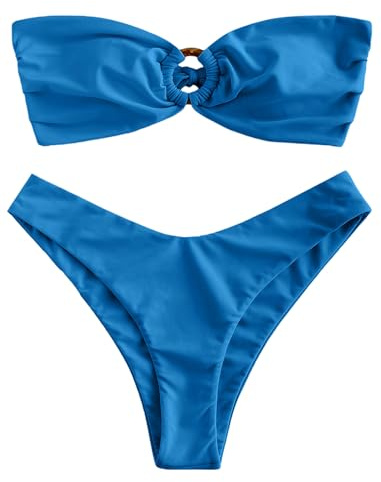 ZAFUL Women's Bandeau Bikini O Ring Strapless Tie Back High Cut Two Piece Swimsuit Bathing Suits (0-Deep Blue, M)