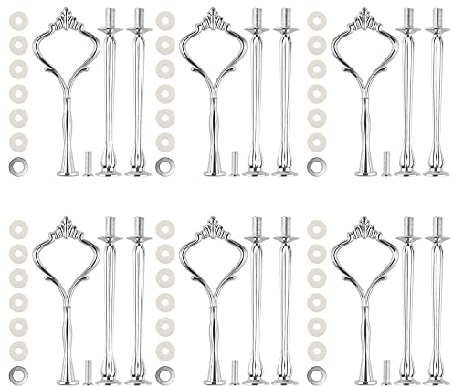 6 Set Cake Stand Fittings Kits Tiered Tray Hardware for Cake Stand Mold Crown 3 Tier Cake Stand Holder Hardware for Wedding Party Making Resin Cupcake Dessert Platter Serving Stand(Silver, L)