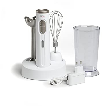 Melchioni Family | Mixeur Plongeant MIXXXO TOPCLASS, Sans Fil et Rechargeable, avec 2 Vitesses, Maniable et Ergonomique, Livré avec Batteur, Verre et Base, Fouet et Lames en Acier, 200W