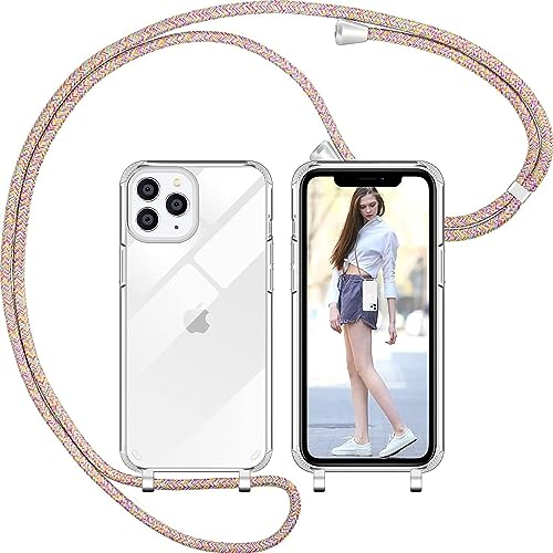 Nupcknn Handykette für iPhone 11 Pro Hülle mit Band,Dünn Transparent Handyhülle (Abnehmbar) Necklace mit Kordel zum Umhängen Kameraschutz Handy Kette Stossfest Schutzhülle(Regenbogen, 5.8)