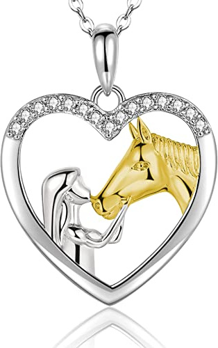 USEEDOVIA Pferde Mädchen Geschenke Pferd Kette Herz Sterling Silber Halskette mit Anhänger Rose Vergoldet Zirkonia Steine Schmuck Kleine Geschenke zum Schulanfang für Mädchen
