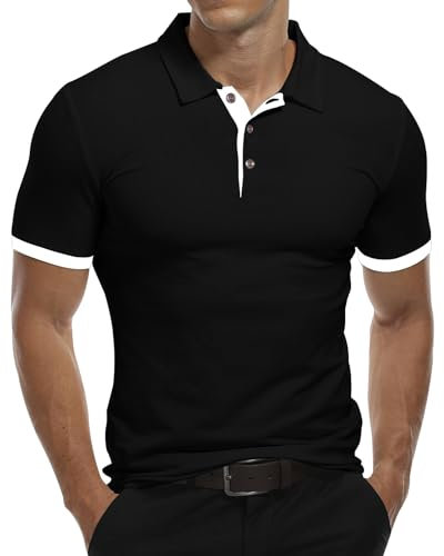 KUYIGO Men's Short Sleeve Polo Shirts Casual Slim Fit Basic Designed Cotton Shirts L Black