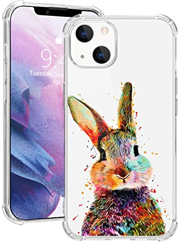 MAYCARI Cute Watercolor Rabbit Case Clear for for iPhone 13 mini 5.4 Inch, Cartoon Animal Pattern Transparent Shockproof Anti-Scratch Soft TPU Cover with Air Cushion for Men&Women