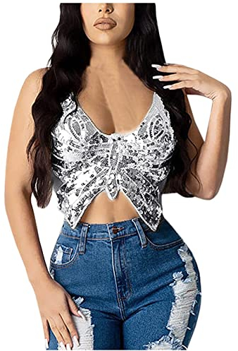 WanWorlder Frauen Sexy Schmetterling Spaghettiträger Tank Top Pailletten Ärmelloses rückenfreies Röhrenoberteil Enges Leibchen Für Mädchen (Silber, Freesize), Einheitsgröße