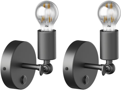 ledscom.de 2 Stück Vintage Wand-Leuchte FETRO Schalter, schwarz, schwenkbar + LED Lampe 370lm, extra-warmweiß
