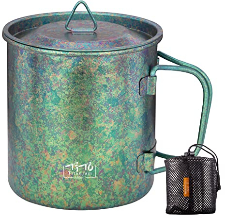 TiTo Titanium Tasse aus Titan, mit Deckel, ultraleicht, tragbar, 450 ml, faltbarer Griff, für Camping, Tee, Kaffee, Wasser, für Outdoor, Rucksackreisen, Picknick, Trinkgeschirr mit Netzbeutel (grün)