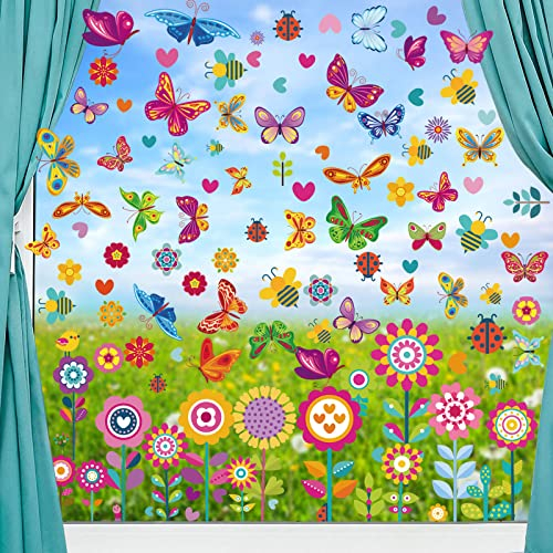 JOKILY 109 Stück Fensterbilder Aufklebern, Schmetterlings Fensteraufkleber, Frühling Sommer Fenstersticker, Blumen Schmetterlinge Fensterdeko, Selbstklebend Aufkleber Anti-Kollision Fenster Deko
