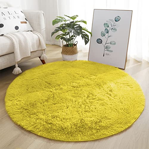 Lifup Teppich Shaggy Anti Rutsch Pflegeleicht, Rund Langflor Teppich für Wohnzimmer Schlafzimmer Kinderzimmer Gelb 60 cm