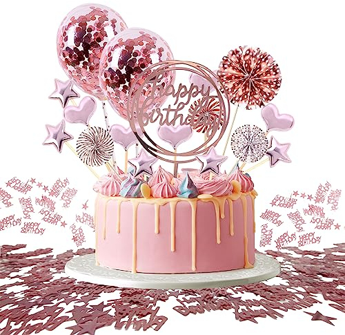 JSTC Tortendeko Rosegold, Happy Birthday Tortendeko Geburtstag Kuchen Deko Cake Topper Kuchendeko Torte Dekoration für Geburtstagsdeko Mädchen Junge Kindergeburtstag Mann Frau Geburtstagstorte.