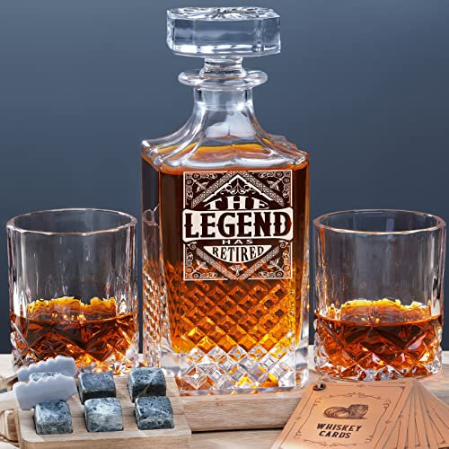 PONPUR The Legend Has Retired 2025 Retirement Gifts for Men Women Stocking Stuffers, Whiskey Decanter Gift Set with 2 Whisky Glasses, Best Christmas Birthday Presents for Dad Coworkers Teacher