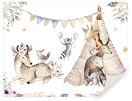 Tapeko Papier Peint Chambre Enfant 260x180 cm 3D Effet Animaux Cerf Ours Girafe Zèbre Forêt Nature pour Garçon Fille Papier Peint intissé plus u61997#01