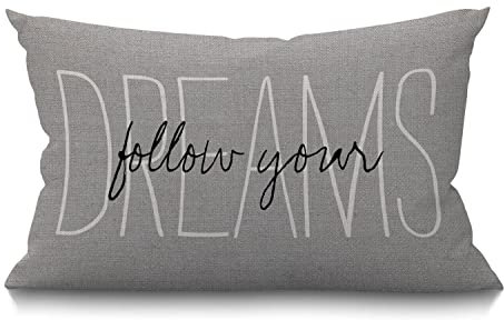 BGBDEIA Follow Your Dreams Lendenwirbel-Kissenbezug, 30 x 50 cm, dekorativer Kissenbezug für Schlafzimmer, Wohnzimmer, rustikal, grau, Typografie, rechteckig, für Bett, Sofa, Couch