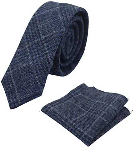 TruClothing Cravate et pochette tweed à chevrons et carreaux style classique bleu marron gris noir - Bleu taille unique
