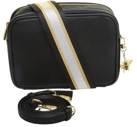 Alice Wheeler Kamera-Umhängetasche Soho-Tasche mit doppeltem Reißverschluss mit 2 Riemen und Bienenaufsatz, Schwarz gestreift, One Size
